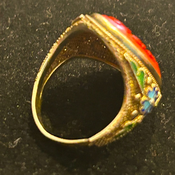 Vintage Chinese Cinnabar 4 Piece Set - Necklace, Bangle and 925 Ring & Earrings - Picture 5 of 15